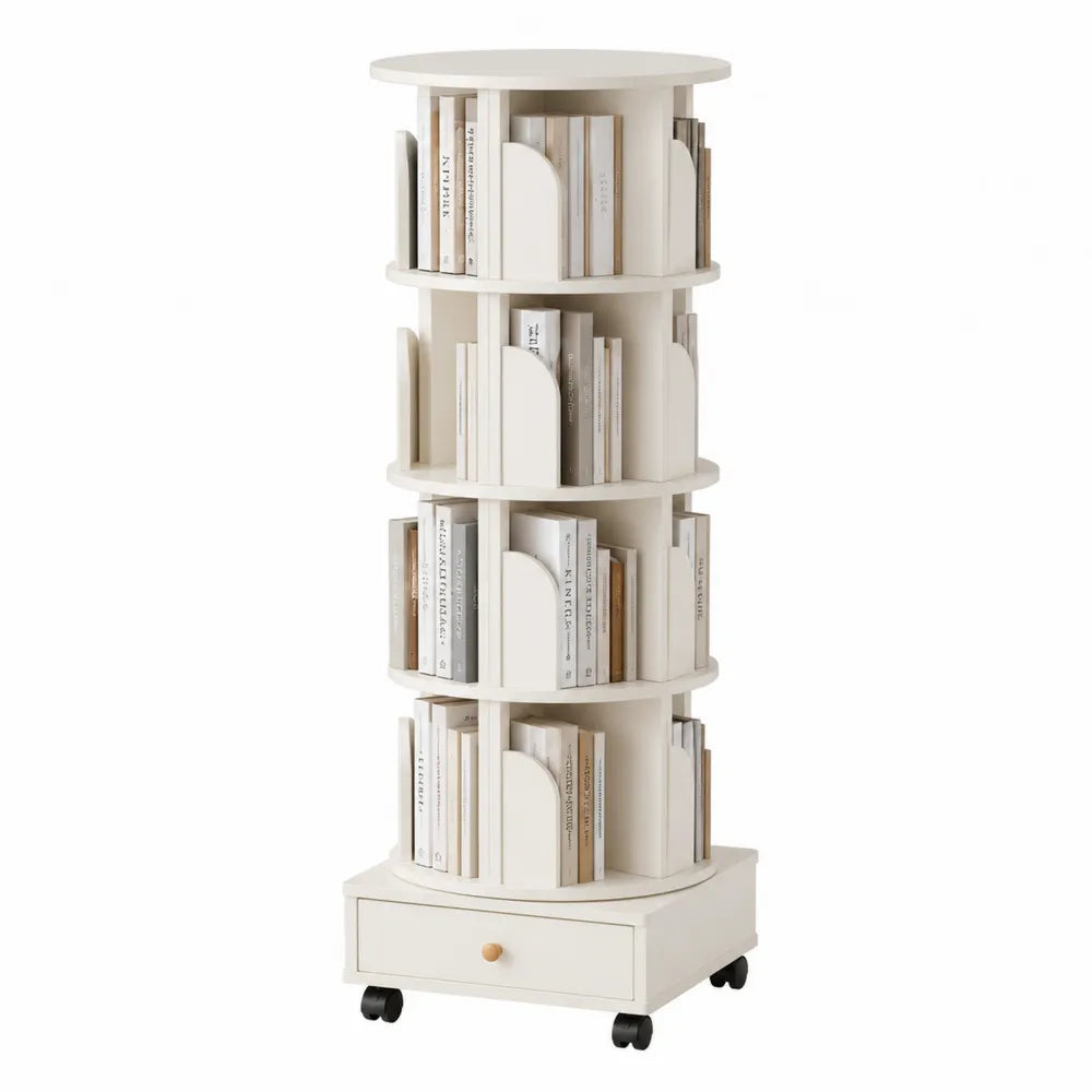 Estantería giratoria de madera con cajón y ruedas blancas 153x43 cm