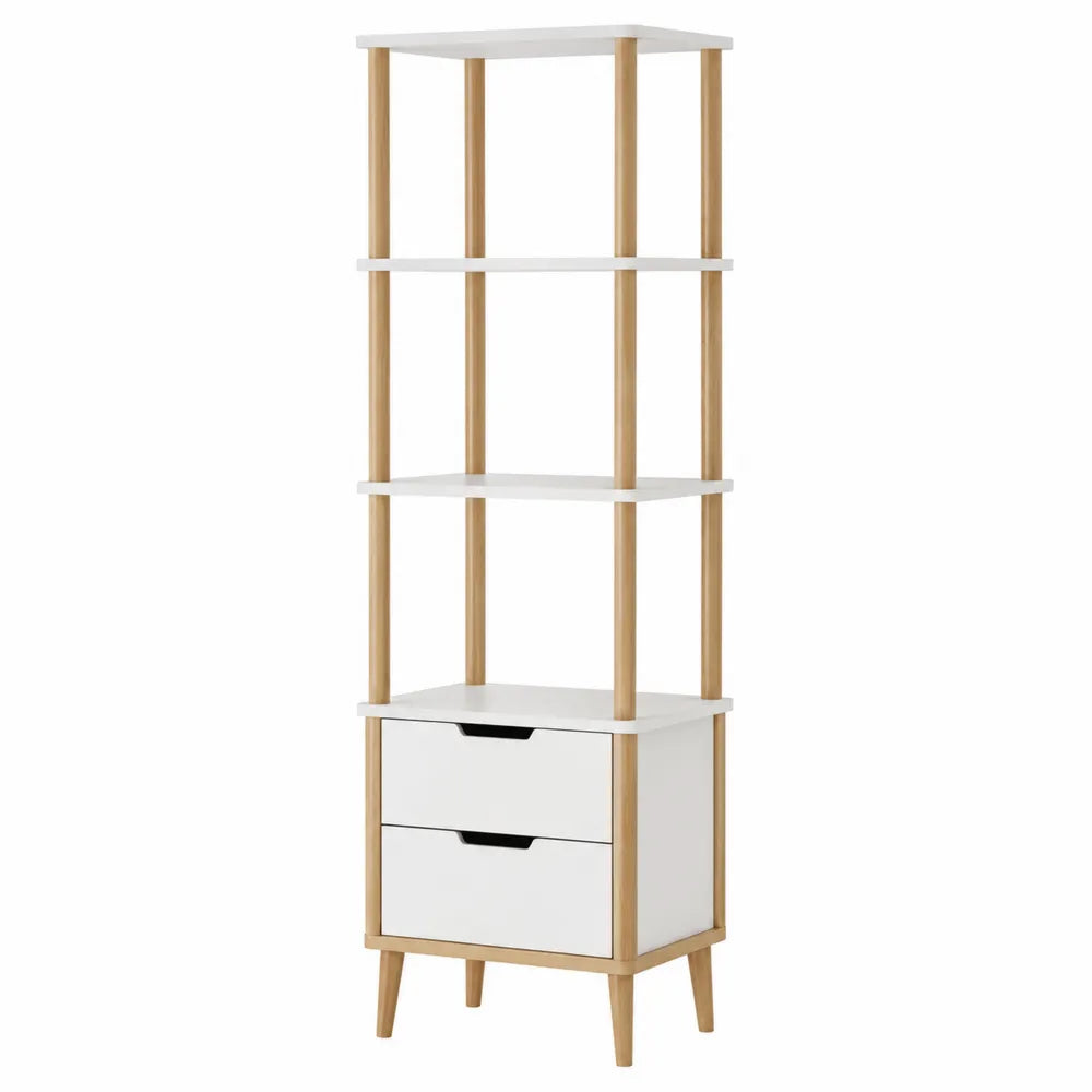 Estantería de MDF y madera con 2 cajones blancos