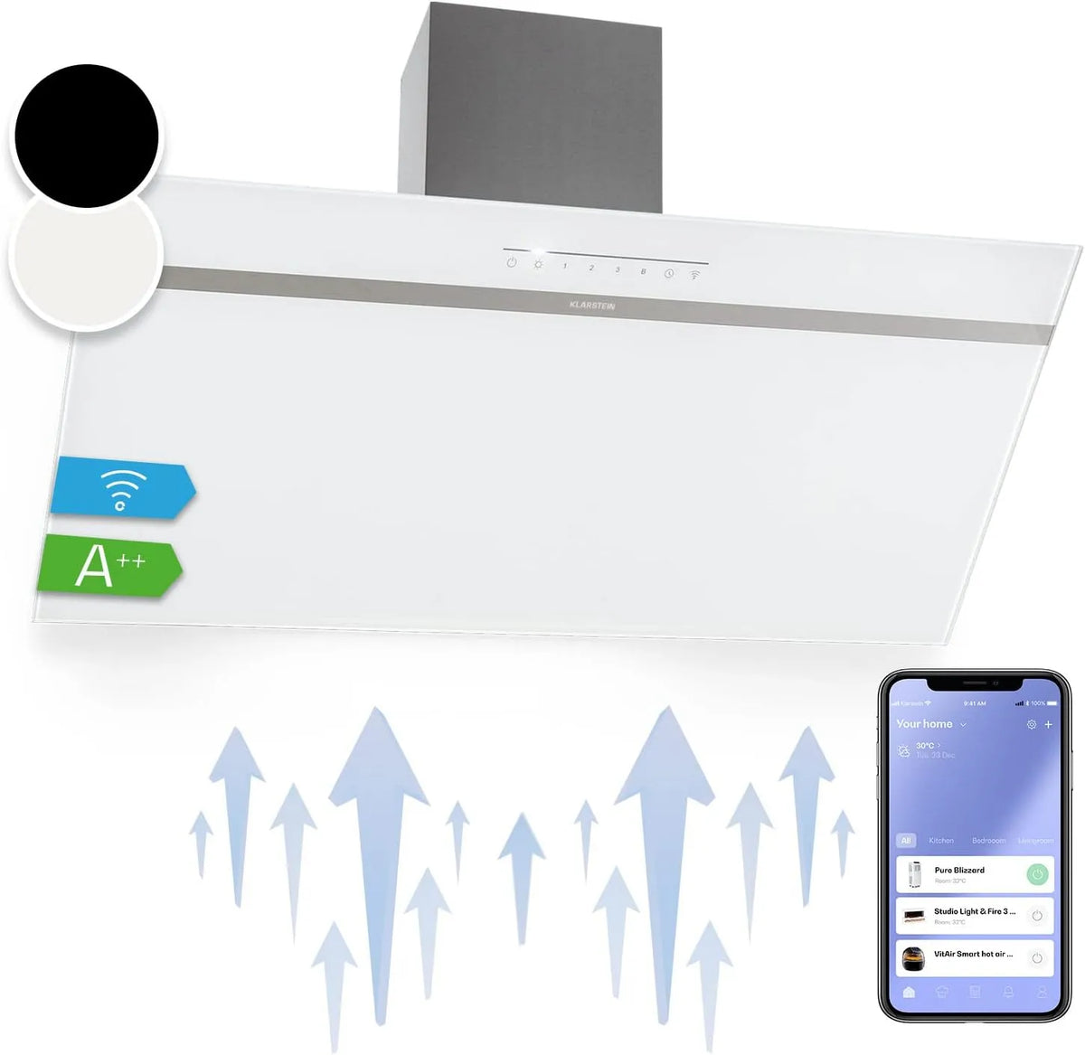 Klarstein M3/H afzuigkap, 90 cm, wifi-bediening, Ava 90-90 Cm Breed, Touch Bediening, voor Keuken