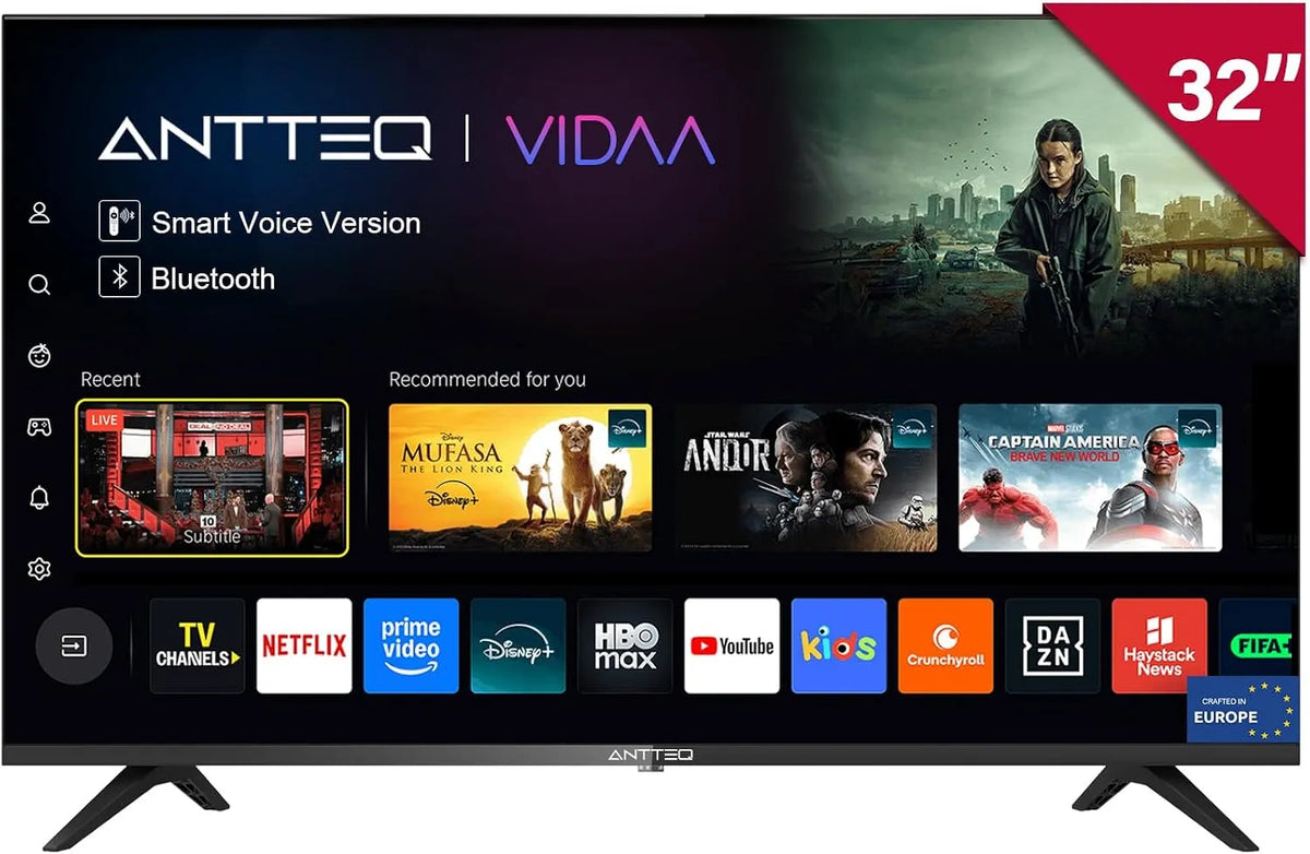 DVB-T2/S2/C V32-AH3Q1D-BT Smart TV, 32 Inch, 81 cm, wifi-bediening, Bluetooth-connectiviteit, Antteq 32 Inch, HD Bluetooth met Triple Tuner