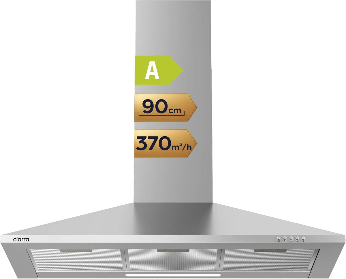 CAS9201A afzuigkap, 90 cm, CIARRA 90 cm, Afvoer en Recirculatie, keukenventilatie met instelbare afzuigstanden