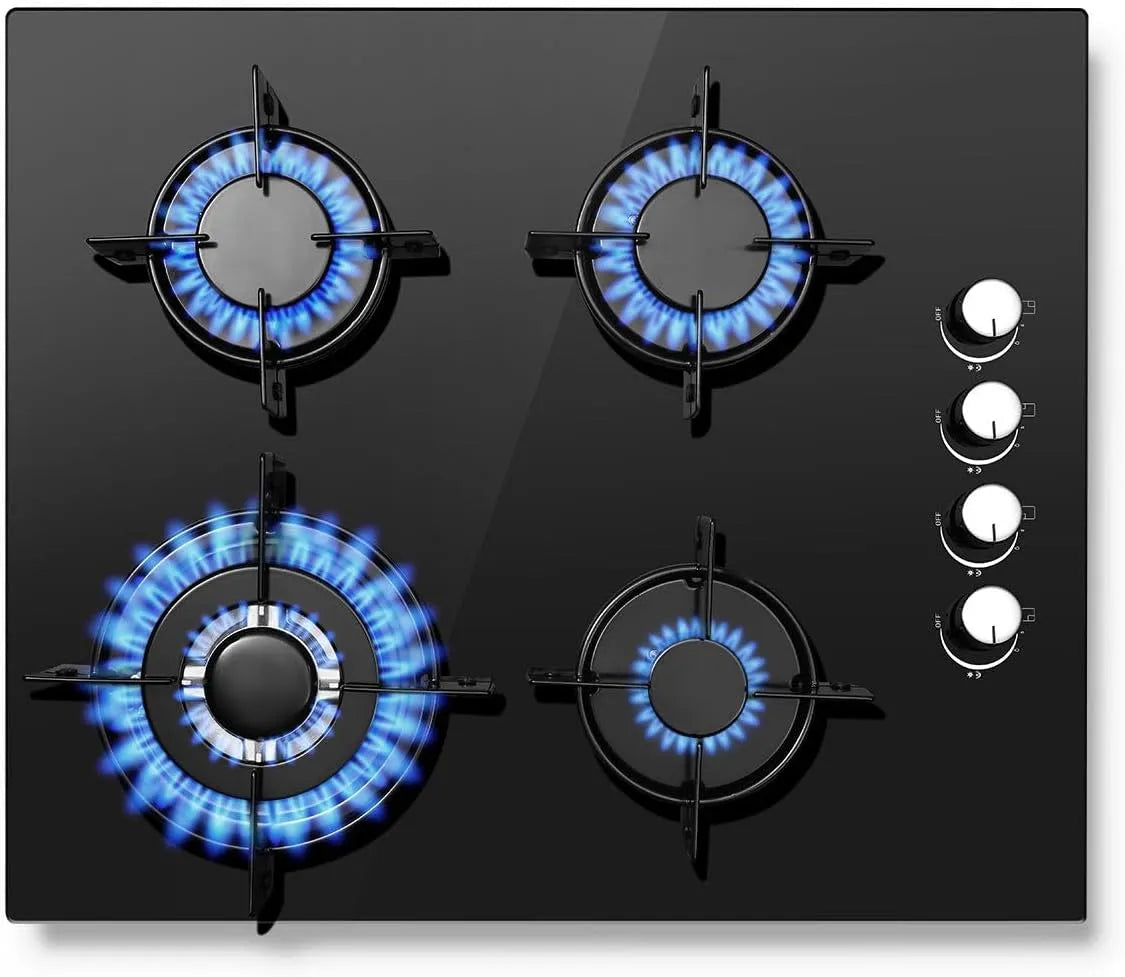Gaskookplaat, 8000 W, 240 V, 60 cm, SNDOAS 4 pits, 60 cm glaskeramisch gasfornuis met ontstekings zekering, geschikt voor aardgas of propaangas