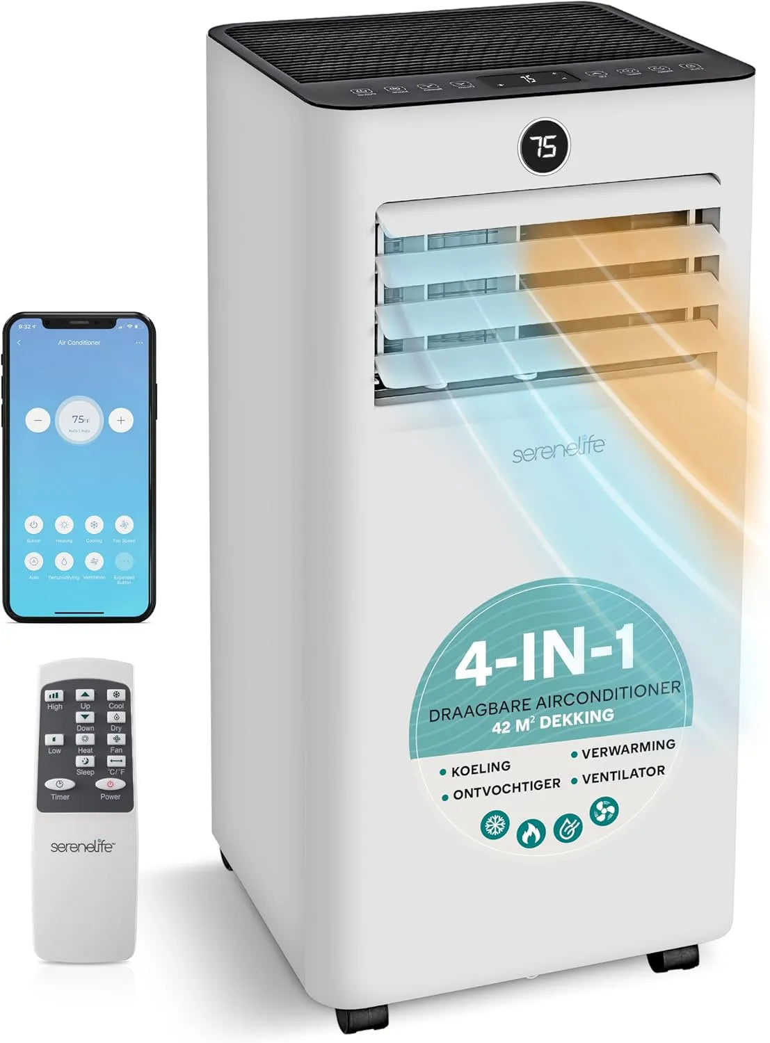 Airconditioner, 7000 BTU, wifi-bediening, timer, koel- en verwarmingsfunctie, SereneLife Mobiele Airco & Verwarming, Compact A/C met Koeling