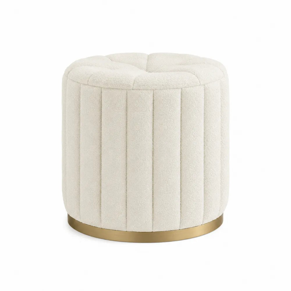 Puf de tela de poliéster crema con base de metal dorado