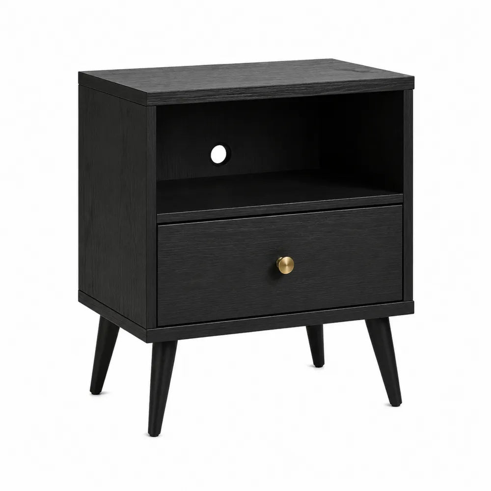 Mesita de noche de MDF con chapa de madera, color negro