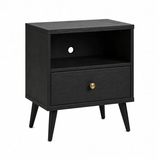 Mesita de noche de MDF con chapa de madera, color negro