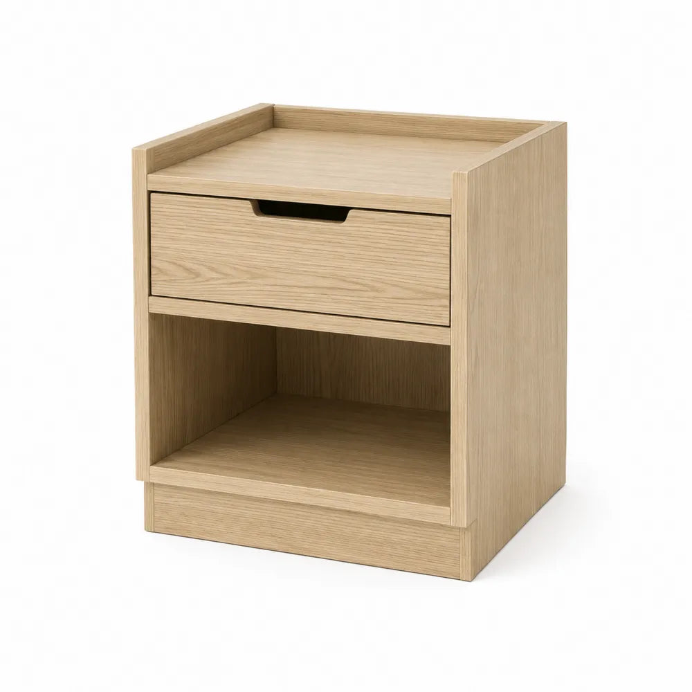 Mesita de noche de madera con cajón y estante