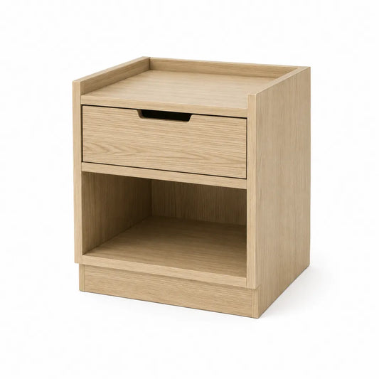 Mesita de noche de madera con cajón y estante