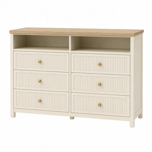 Cajonera de madera maciza y MDF con 6 cajones y estantes abiertos, color crema y roble