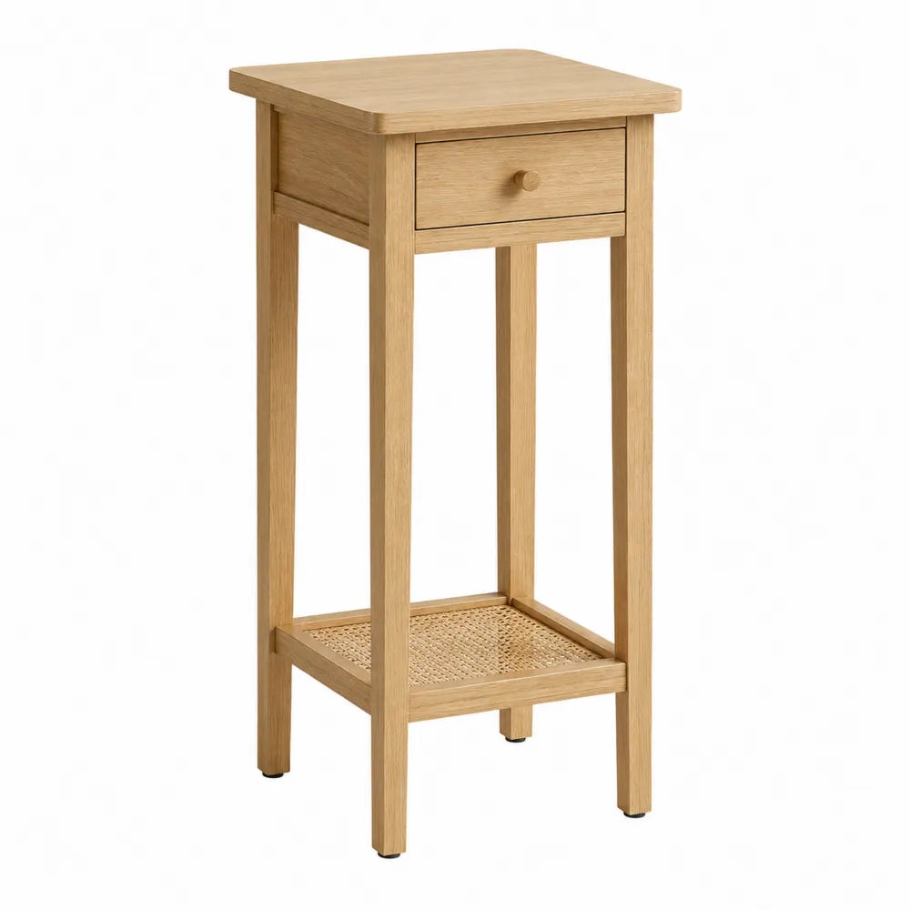 Mesa auxiliar de madera de roble y ratán, 80 cm