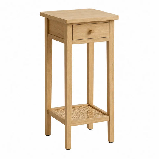 Mesa auxiliar de madera de roble y ratán, 80 cm