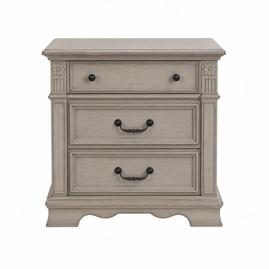 Mesita de noche de madera con 3 cajones gris