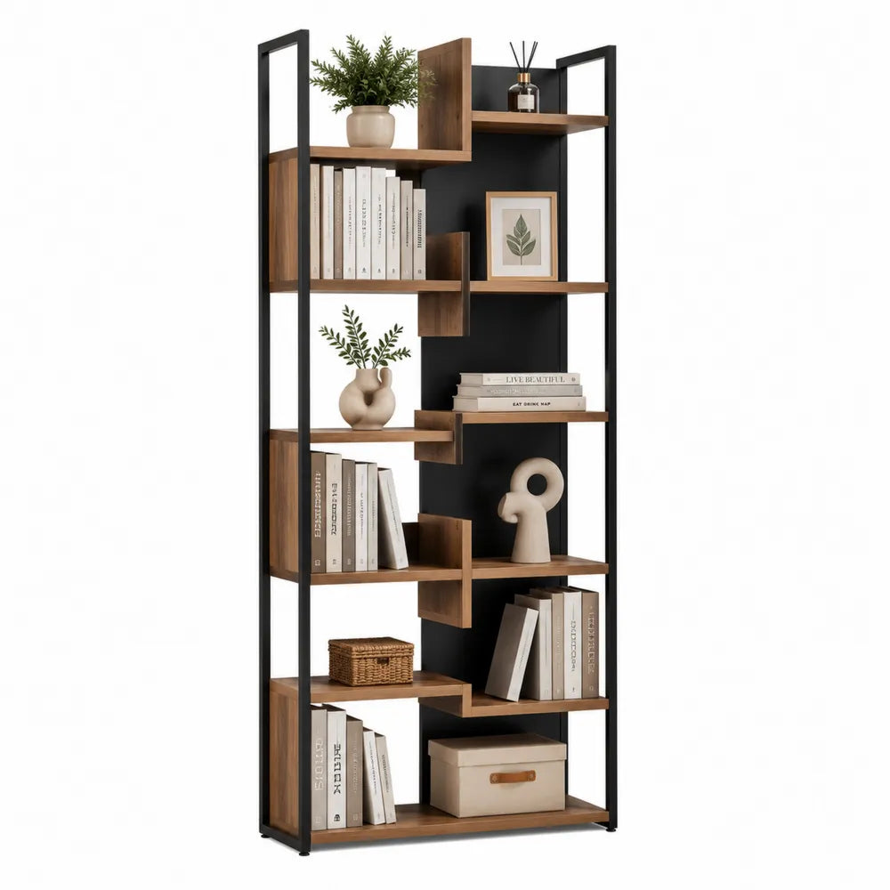 Estantería de pie de metal y madera marrón y negro, 180 cm de altura