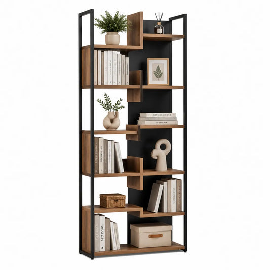 Estantería de pie de metal y madera marrón y negro, 180 cm de altura