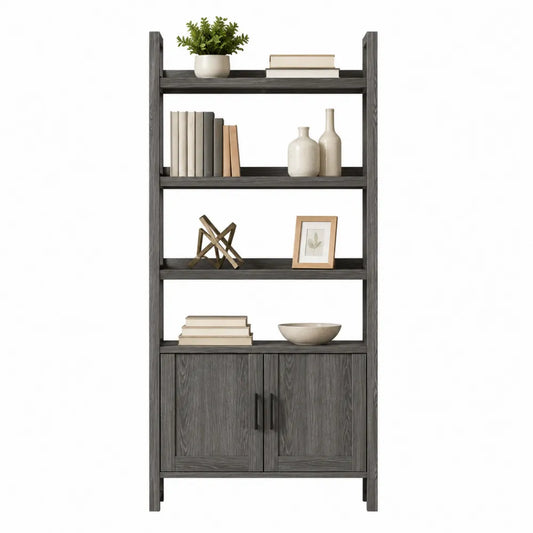 Estantería de madera gris oscuro con puertas