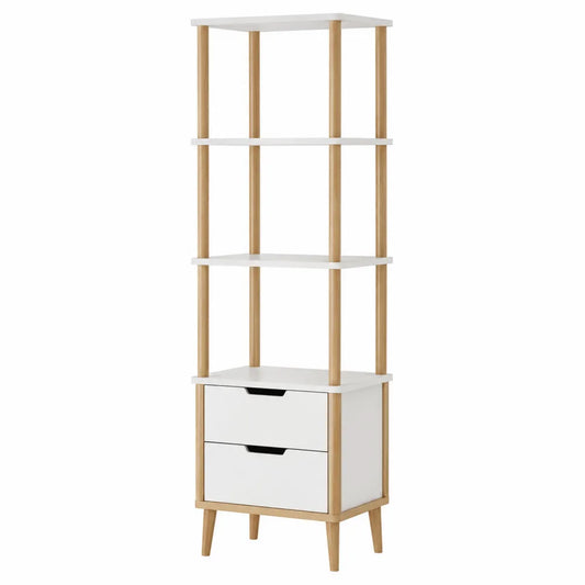 Estantería de MDF y madera con 2 cajones blancos
