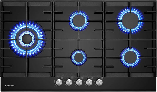 GH2905BG1FC gaskookplaat, 87 cm, Gasland van glas, met wokbrander, inbouw, zwart glazen fornuis, gasfornuis met 2 steunen