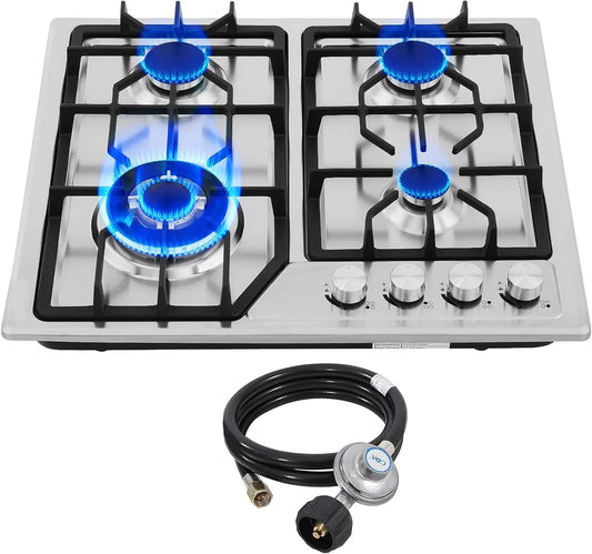 Gaskookplaat, 50 cm, 56 x 50 cm, 20 x 22, 4 branders, Geïntegreerd gasfornuis, roestvrij stalen fornuis met ombouwset NG/LPG