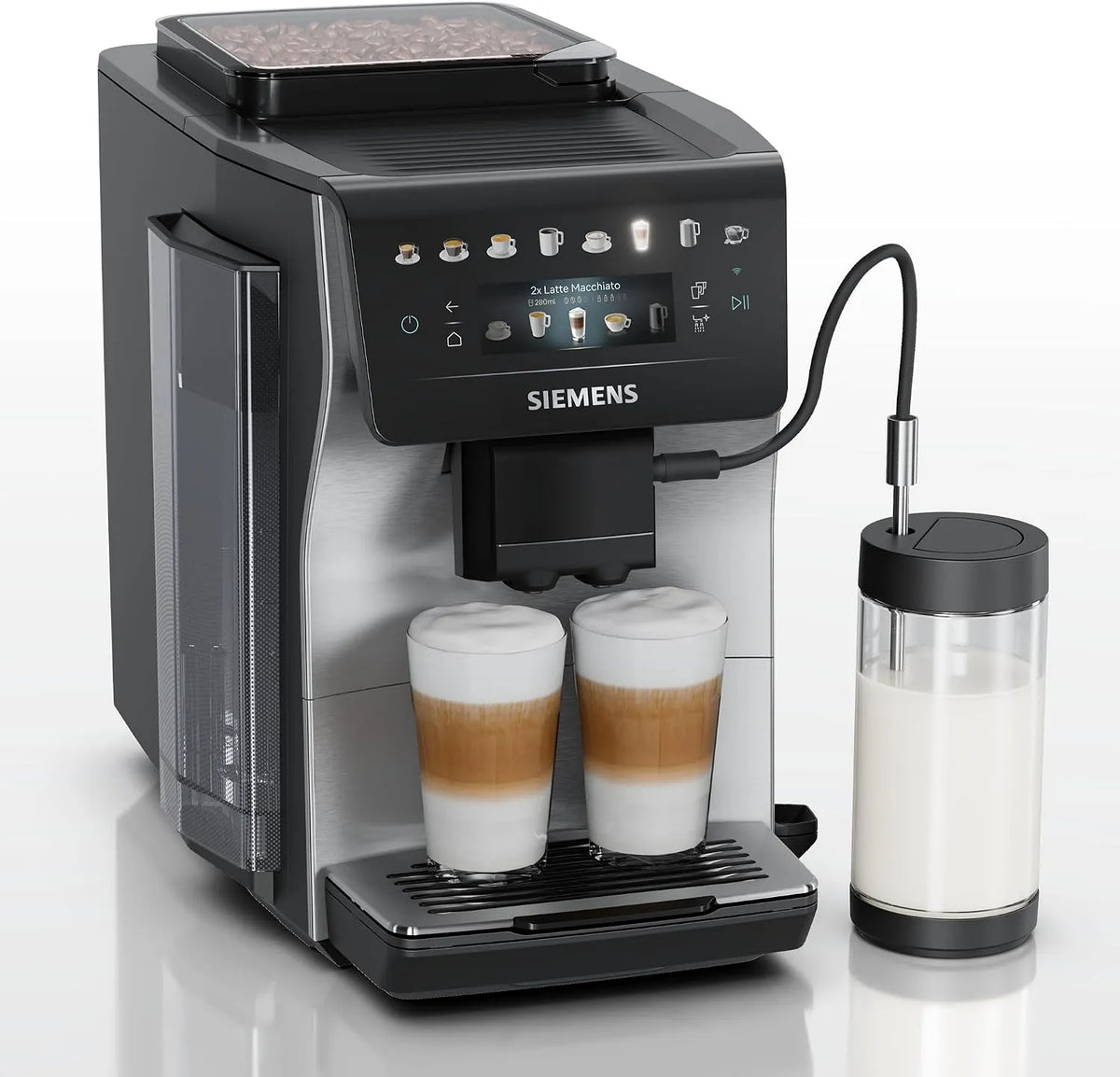 Siemens EQ600 TP605EM3 espressomachine, 480 ml, roestvrijstalen behuizing, touchbediening, automatische werking, iAroma, volautomatische met molen