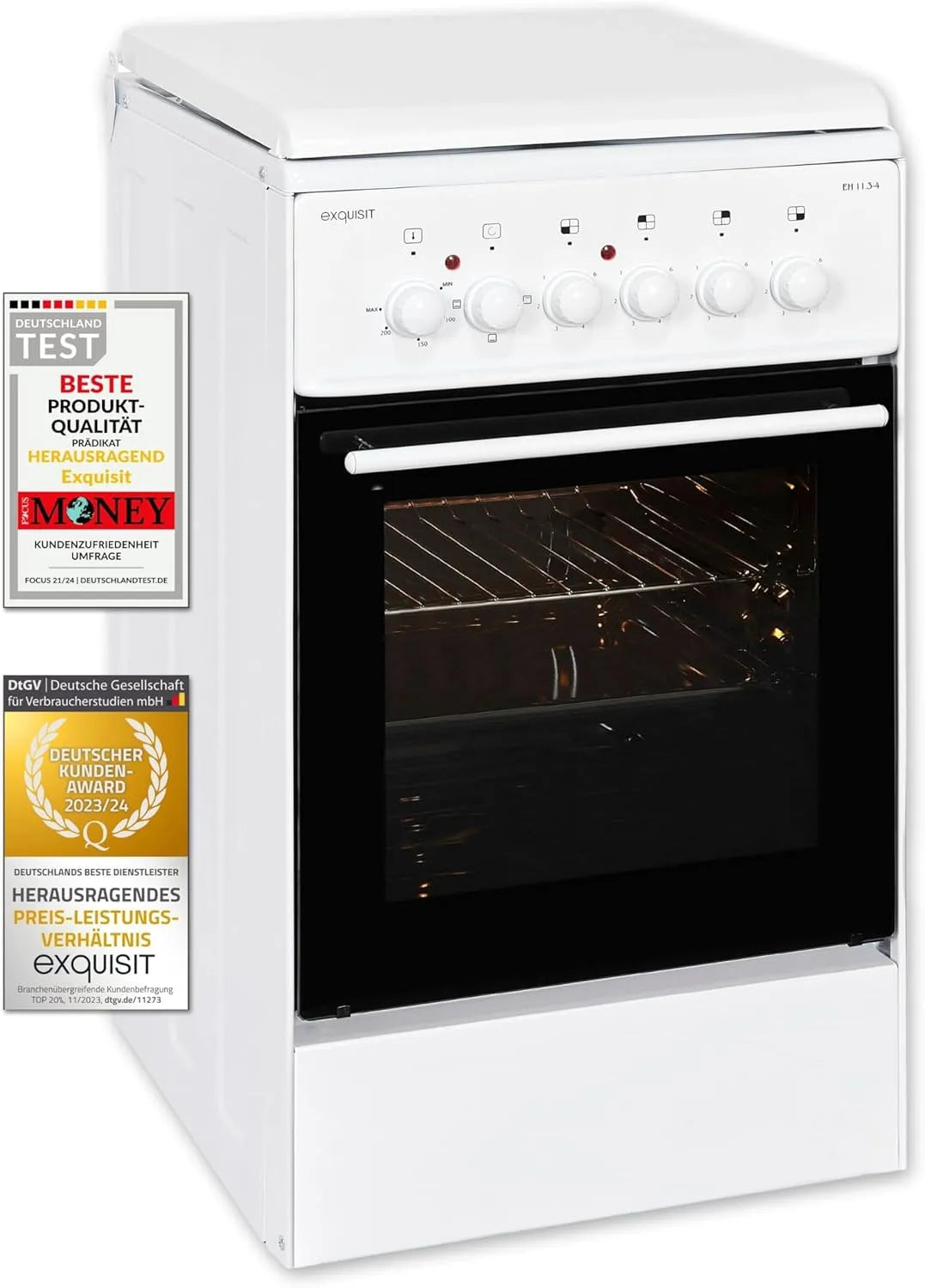 Exquisit EH 11 elektrische oven, 50 cm, Standfornuis .3-4, Elektrisch fornuis, Massa-kookplaat, 50 liter ovenruimte