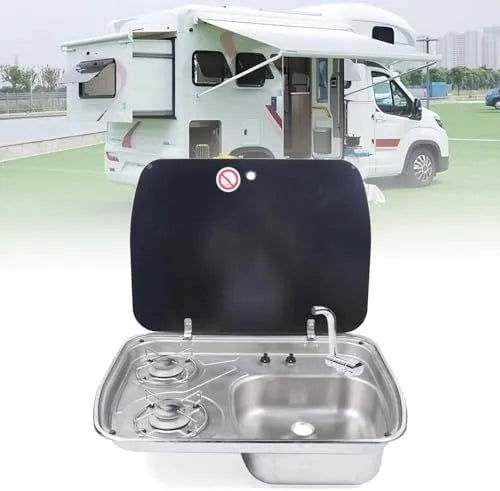 Gaskookplaat, 145 mm, 600 x 445 x 145 mm, roestvrijstalen behuizing, gehard glas, draagbaar ontwerp, Gasfornuis met gootsteencombinatie, voor kamperen