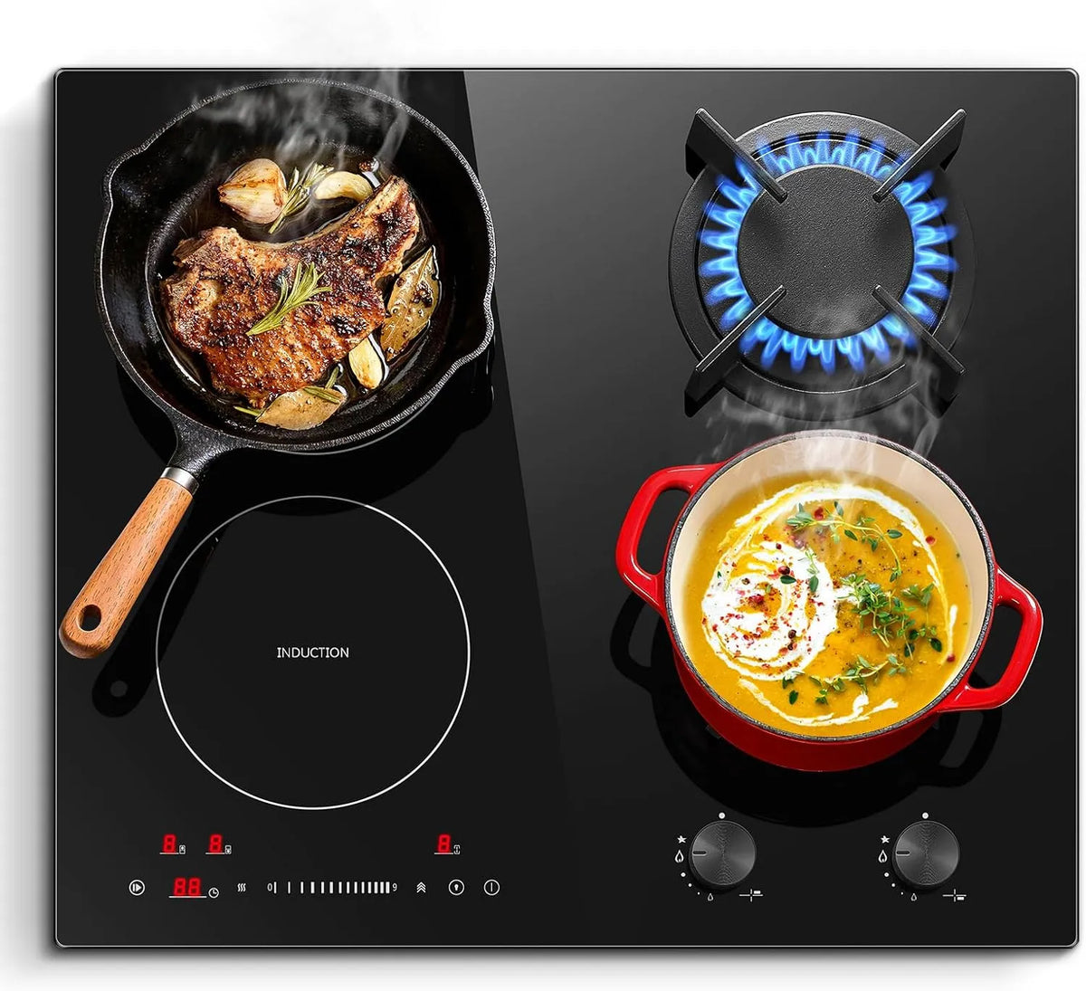 SNDOAS 60 gaskookplaat, 7500 W, 60 cm, cm inductiekookplaat combinatie, 7500 W met stekker