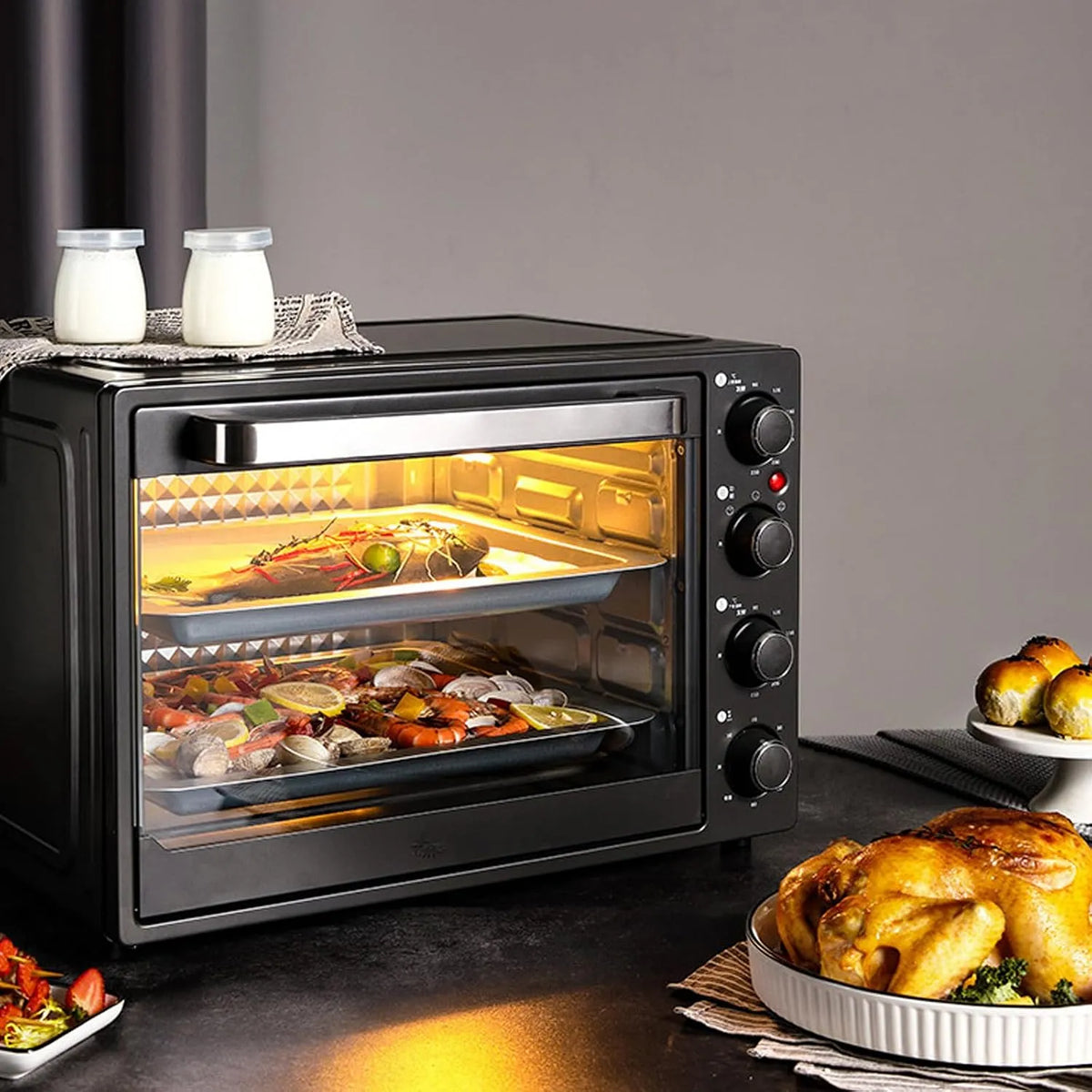 Elektrische oven, timer, Multifunctionele, instelbare temperatuur 90-230 °C, onafhankelijke boven- en onderbediening, 60 minuten timer