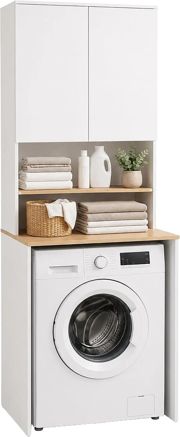 Wasmachine-opbergrek, 60 cm, 188,5 x 68 x 60 cm, 4 vakken, Relaxdays wasmachinekast