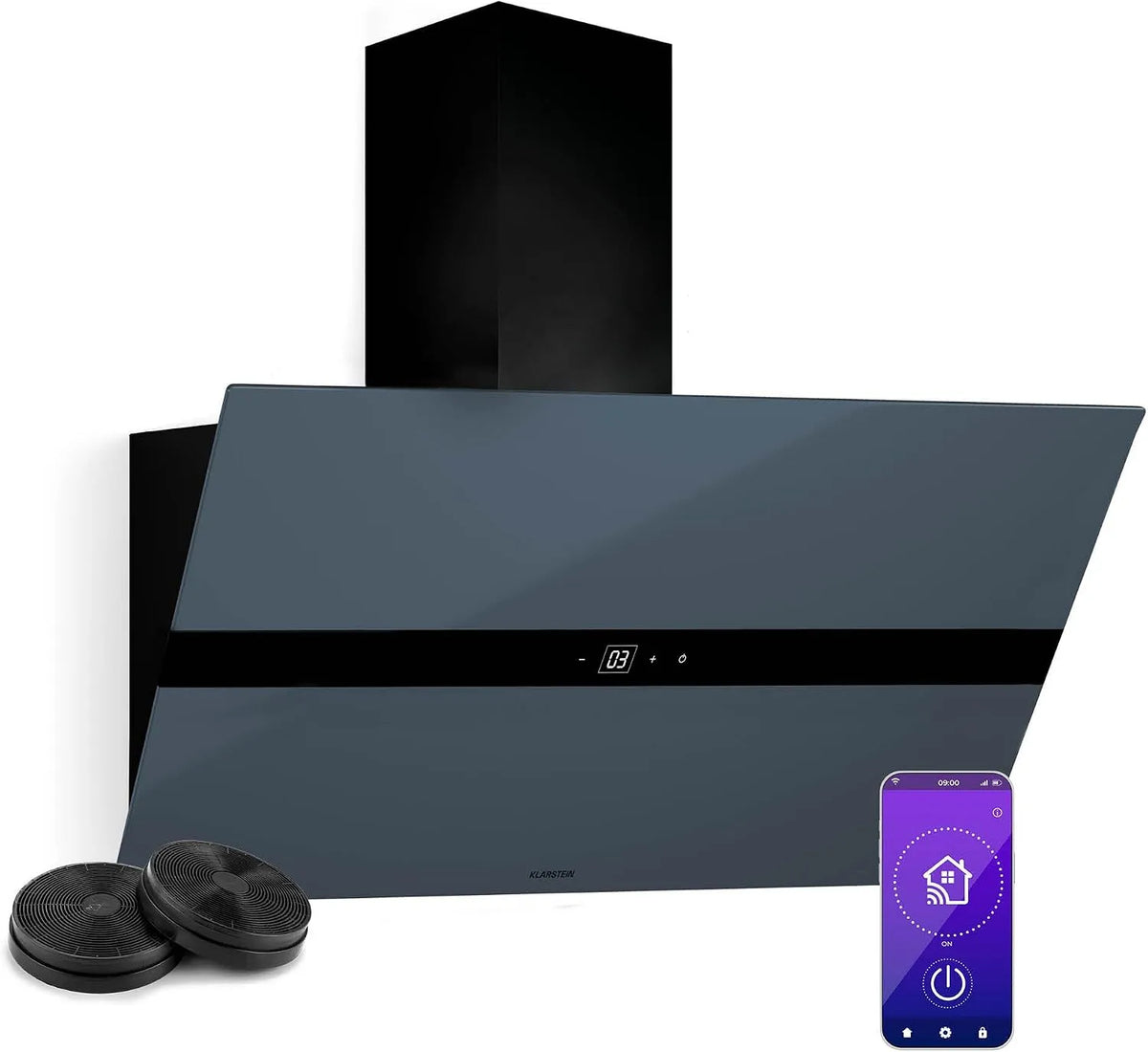 Klarstein afzuigkap, 90 cm, Wifi-bediening, WiFusion, A++ energie-efficiëntie, Touch-bediening, Afvoer & koolstoffilter