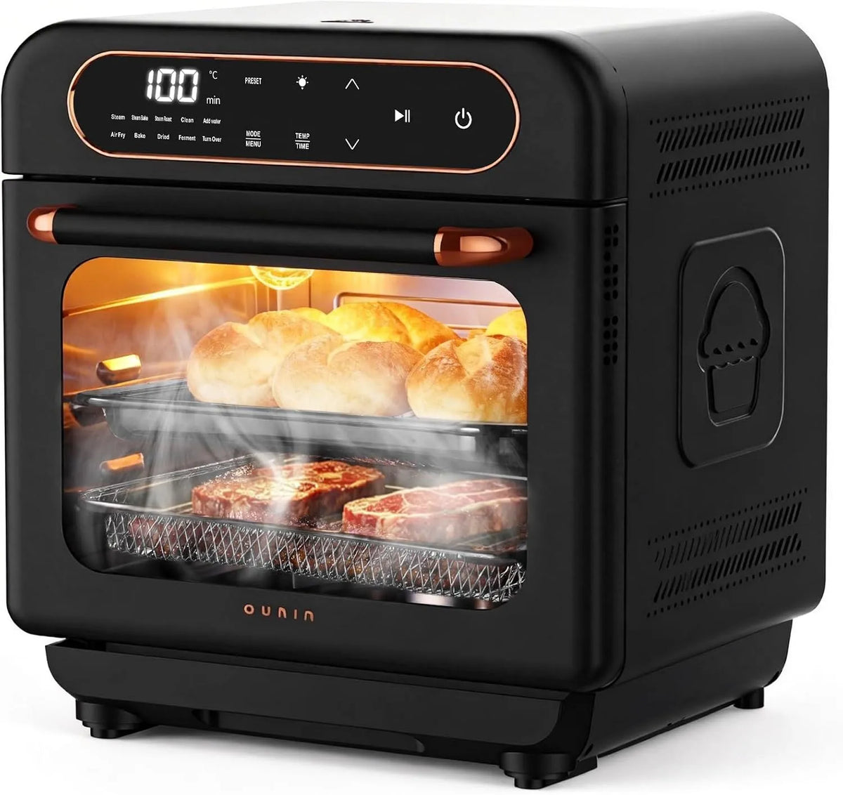 OUNIN 12L elektrische oven, 1100W, heteluchtfunctie, Multifunctionele Oven, 8-in-1 Stoomoven met Broodfunctie, Dubbeldeks Bakken