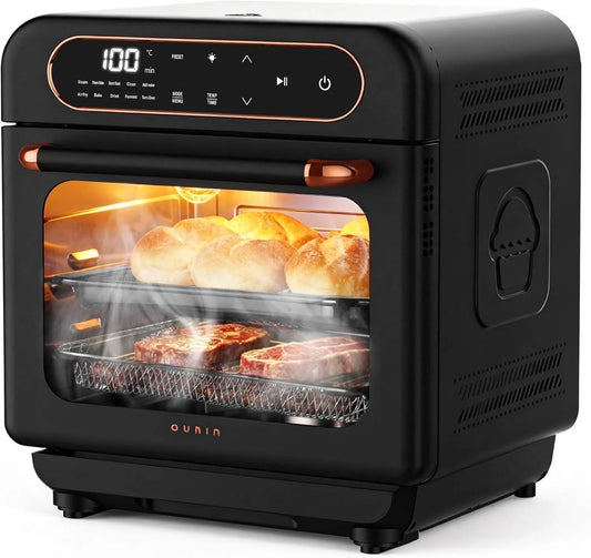 OUNIN 12L elektrische oven, 1100W, heteluchtfunctie, Multifunctionele Oven, 8-in-1 Stoomoven met Broodfunctie, Dubbeldeks Bakken
