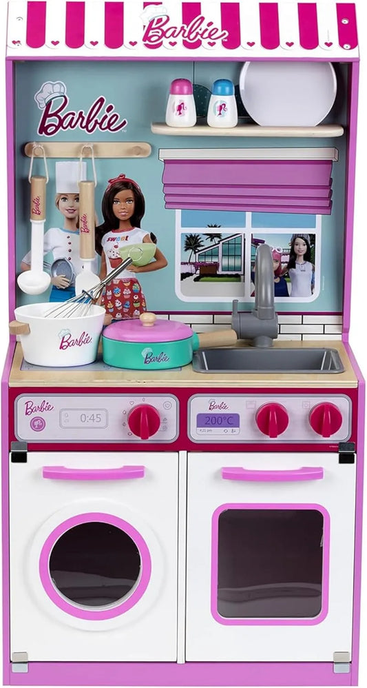 Wasmachine, 45 cm, 40 cm, 85 cm, Theo Klein 7312 Barbie houten keuken met geïntegreerd poppenhuis 2 in 1 I speelkeuken met fornuis