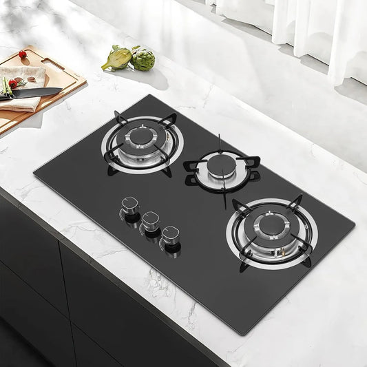 Gaskookplaat, Gasfornuis glas inbouw 3 vlammen brander gas stoof, gasfornuis voor LPG/NG kookplaten, incl. pandrager