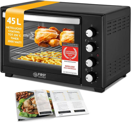 Elektrische oven, 2000W, 60 Min, timer, TZS First Austria, Minibakoven 45L 2000W, Minioven 60 Min. Timer, Grillrooster & Draaibrochette