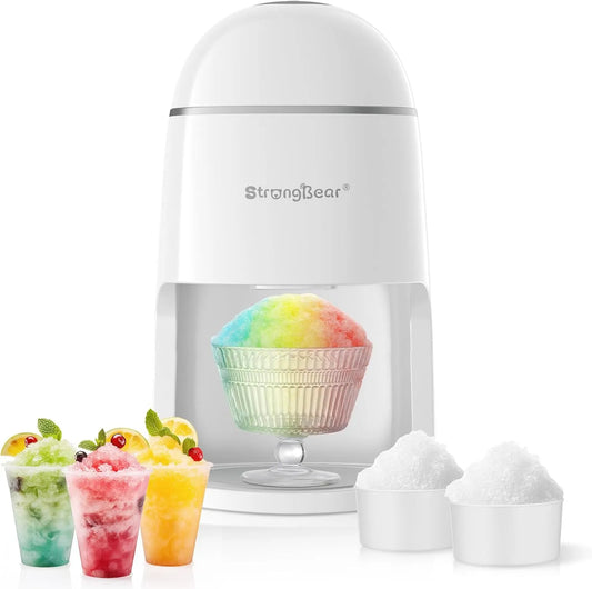 Ijscrusher, StrongBear IJsscheerapparaat met sneeuwkegel, elektrisch ijsscheermes, inclusief 2 herbruikbare kunststof bekers voor ijsvormen