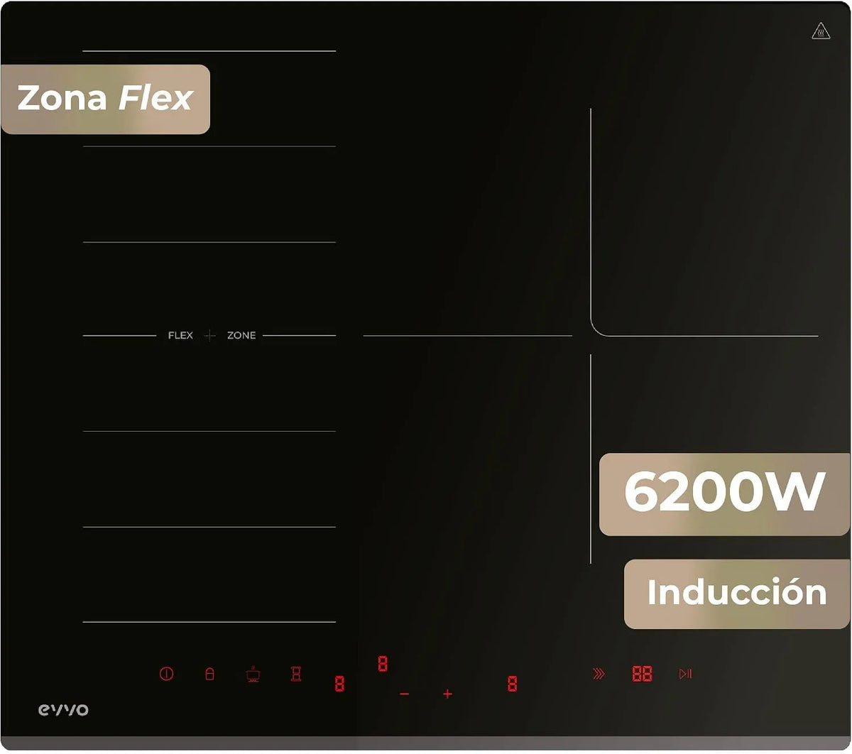 Inductiekookplaat, 7200 W, 4 zones, 9 standen, timer, automatische werking, EVVO V62, flexibele zone, touch-bediening, automatische uitschakeling