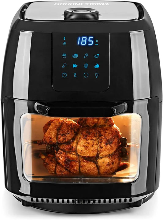 Airfryer, heteluchtfunctie, GOURMETmaxx Digitale XXL heteluchtfriteuse 9 liter, frituren zonder vet, oven en draaigrill in één, 1800 Watt/zwart