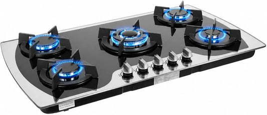 Gaskookplaat, 90 cm, 5 branders, gehard glas, gasplaat van gehard glas, inbouwfornuis met thermokoppelbeveiliging en gietijzeren houders