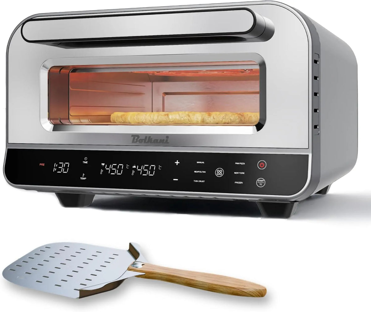 Pizzaoven, 1700 W, timer, Elektrische met pizzasteen en pizzaschep, 450 °C voor knapperige steenovenpizza in 2 minuten, professionele pizzamaker.
