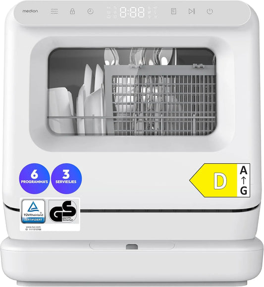 DWT30 MD370022 vaatwasser, digitaal display, MEDION Mini, werkt met of zonder wateraansluiting, Touch Display