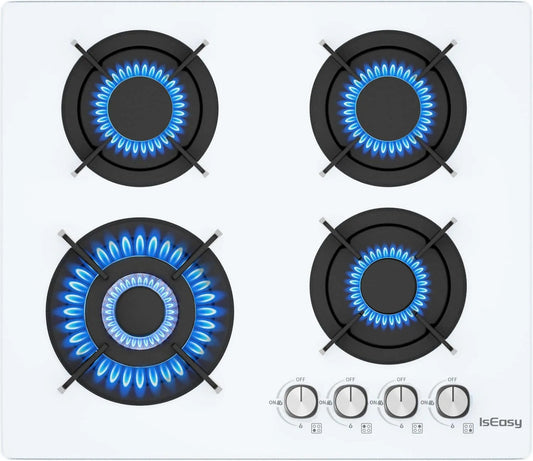 Gaskookplaat, 7800 W, 60 cm, IsEasy, 4-pits gasplaat, gietijzeren houders, stadsgas en fles