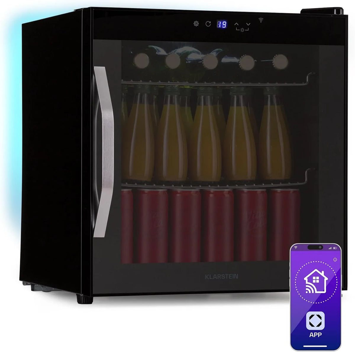 Klarstein koelkast, wifi-bediening, Coachella 50 Onyx Dranken, 47L Slimme Dranken met WiFi, Panoramische Glazen Deur
