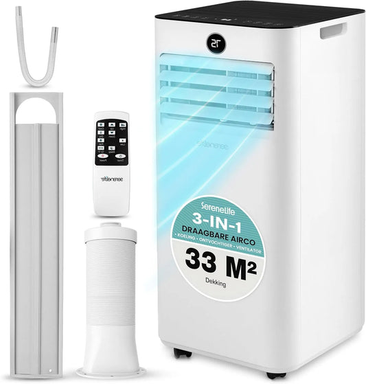 12 airconditioner, 9000 BTU, wifi-bediening, timer, SereneLife Draagbare Airco & Verwarming, 9000 BTU Mobiele Airco met Kit voor Raam