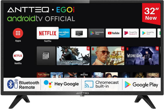 DVB-C/S2 TV 32 Smart TV, 32 inch, wifi-bediening, ANTTEQ Smart inch, Android Televisie met Google Assistant, Dolby Audio, Google Play Store