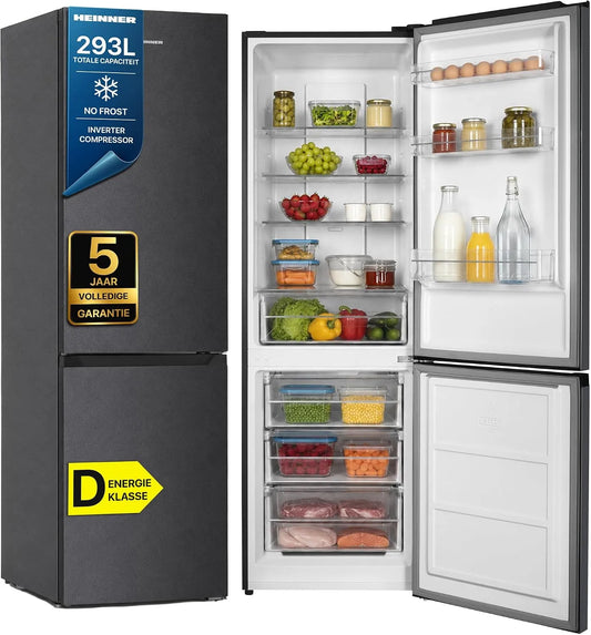 HCNF-HM293INVDGD koel-vriescombinatie, 293 l, 210 l, 186 cm, No Frost-technologie, Total No Frost-compressor, 210 l koelgedeelte en 83 l vriesgedeelte