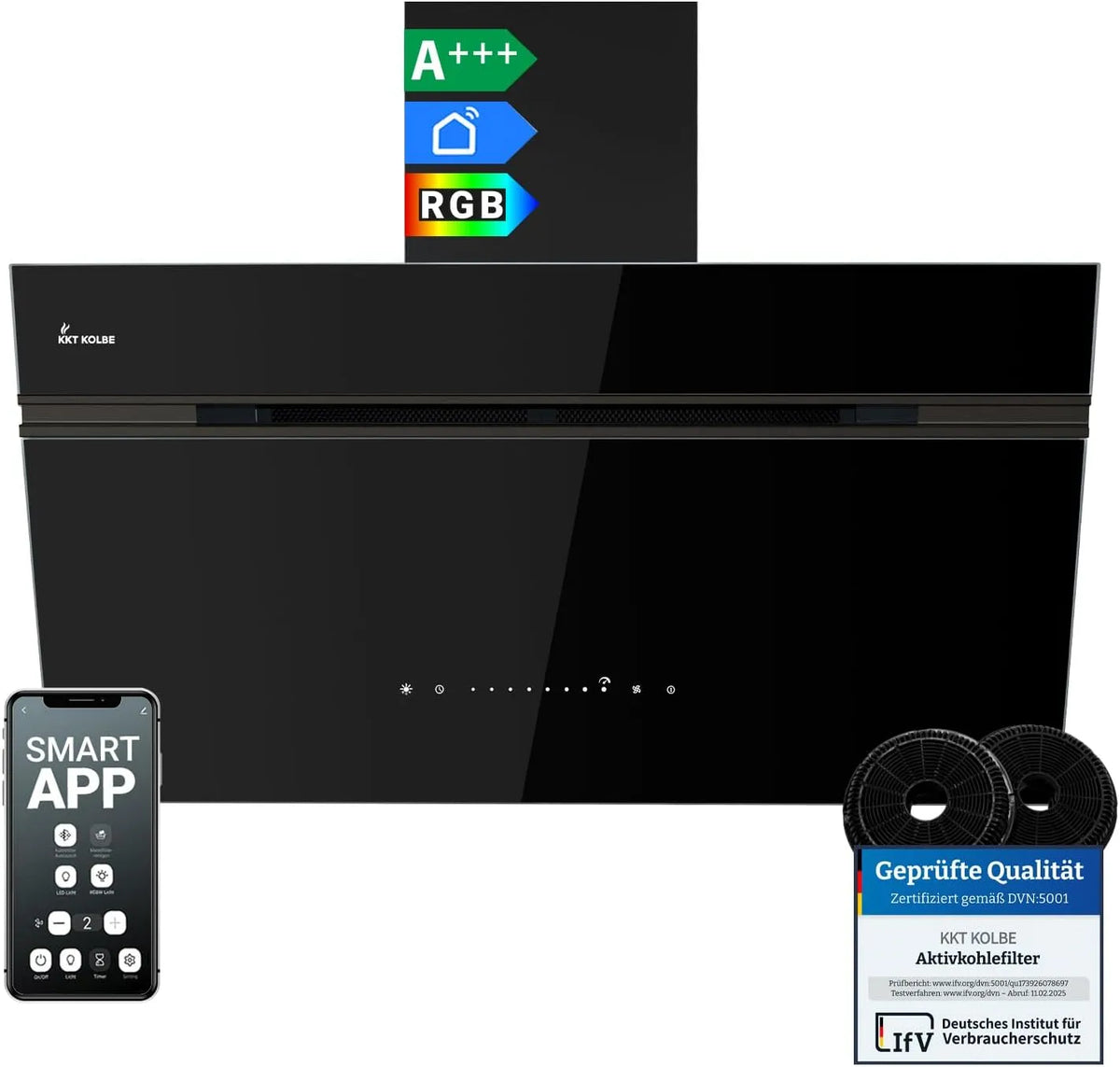 AURORA9005FB afzuigkap, 90 cm, wifi-bediening, KKT KOLBE A+++ 90 cm 782 m3/u Uringloop Afvoer Kopvrij Wandkap, Uitschakelvertraagde start