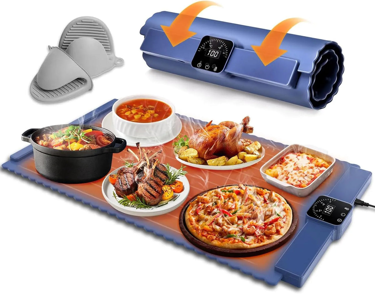 Elektrische voedselverwarmer, timer, automatische werking, instelbare temperatuur, draagbare oprolbare warmhoudlade met brandwerende handschoenen