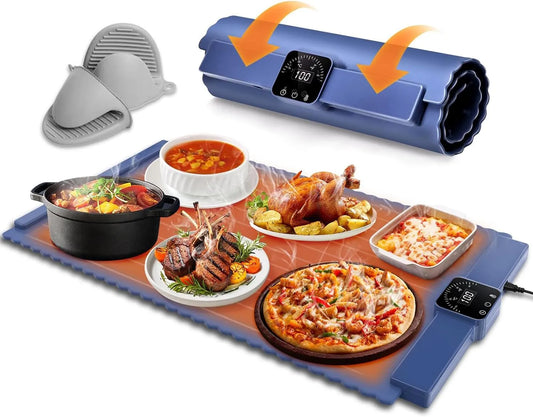 Elektrische voedselverwarmer, timer, automatische werking, instelbare temperatuur, draagbare oprolbare warmhoudlade met brandwerende handschoenen