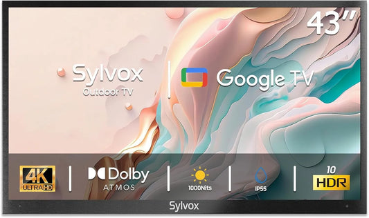 4K-TV, 43 inch, SYLVOX Outdoor TV, 43 inch Smart Waterdichte Outdoor met Google Assistant, 1000 nits helderheid