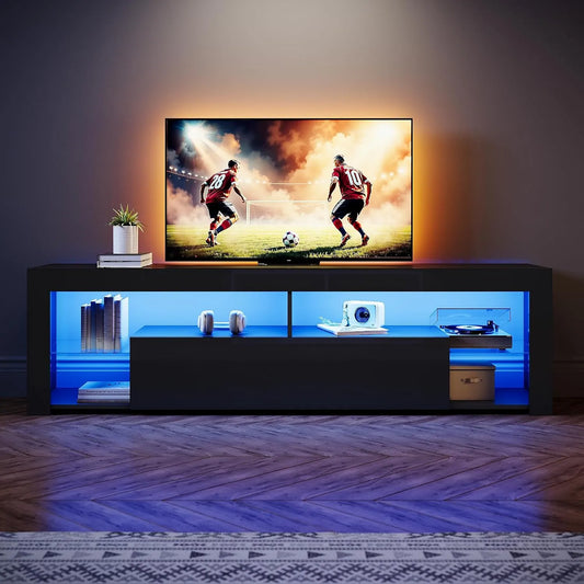 Smart TV, 180 cm, 65 inch, 50,5 cm, 180 x 35 x 50,5 cm, SONNI Moderne tv-kast, hoogglanzend zwart met 16 kleuren ledverlichting, open glazen planken